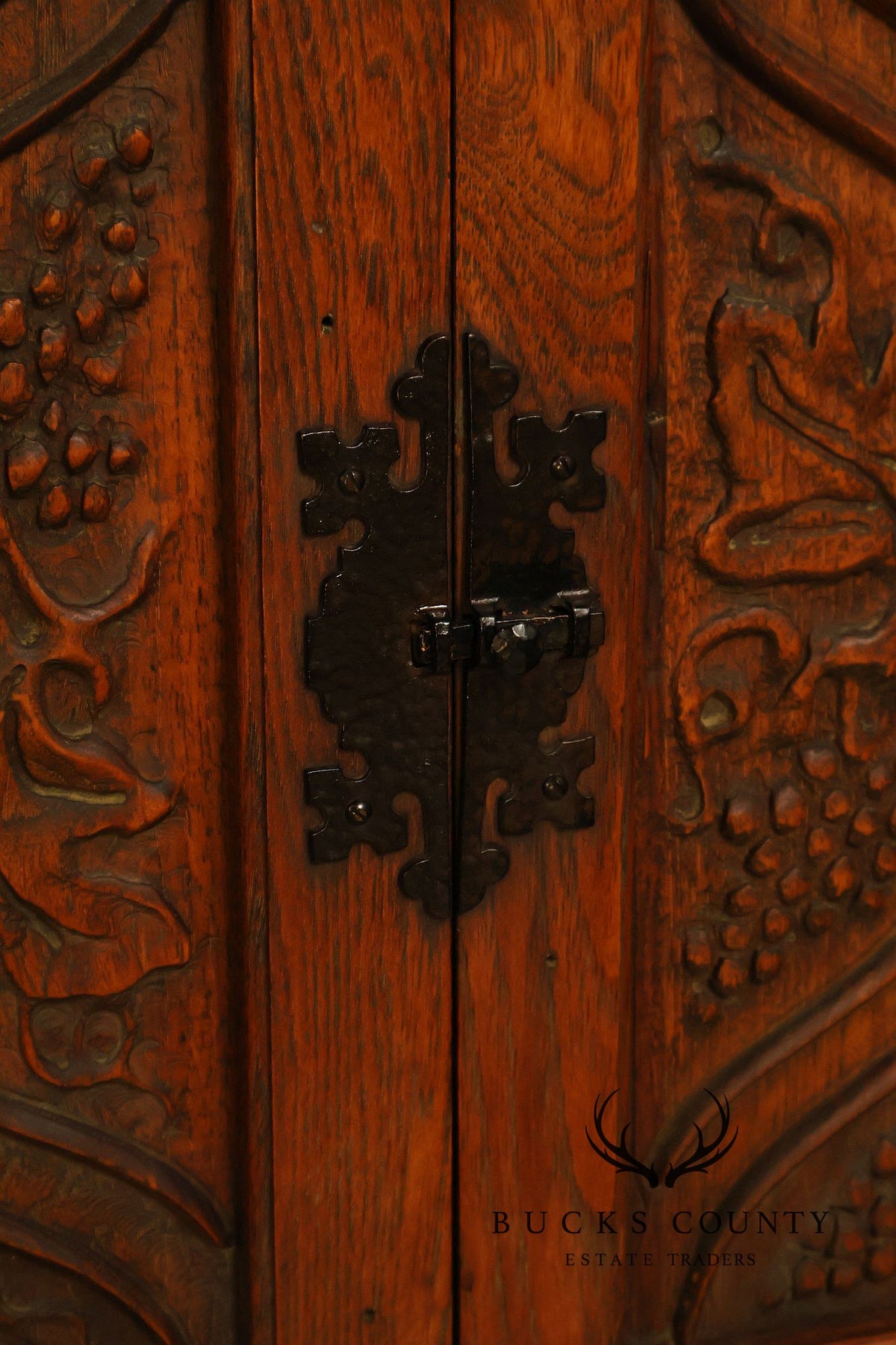 Vintage Spanish Revival Carved Oak Cabinet With Iron Hardware