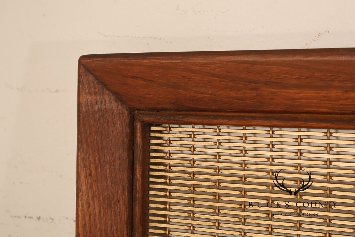 Mid Century Modern Pair of Walnut and Woven Brass Wall Mirrors