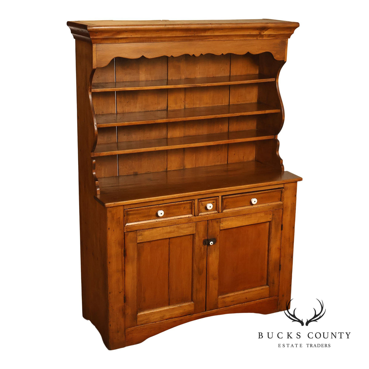 Antique American Country Step-Back Hutch Cupboard With Open Shelves