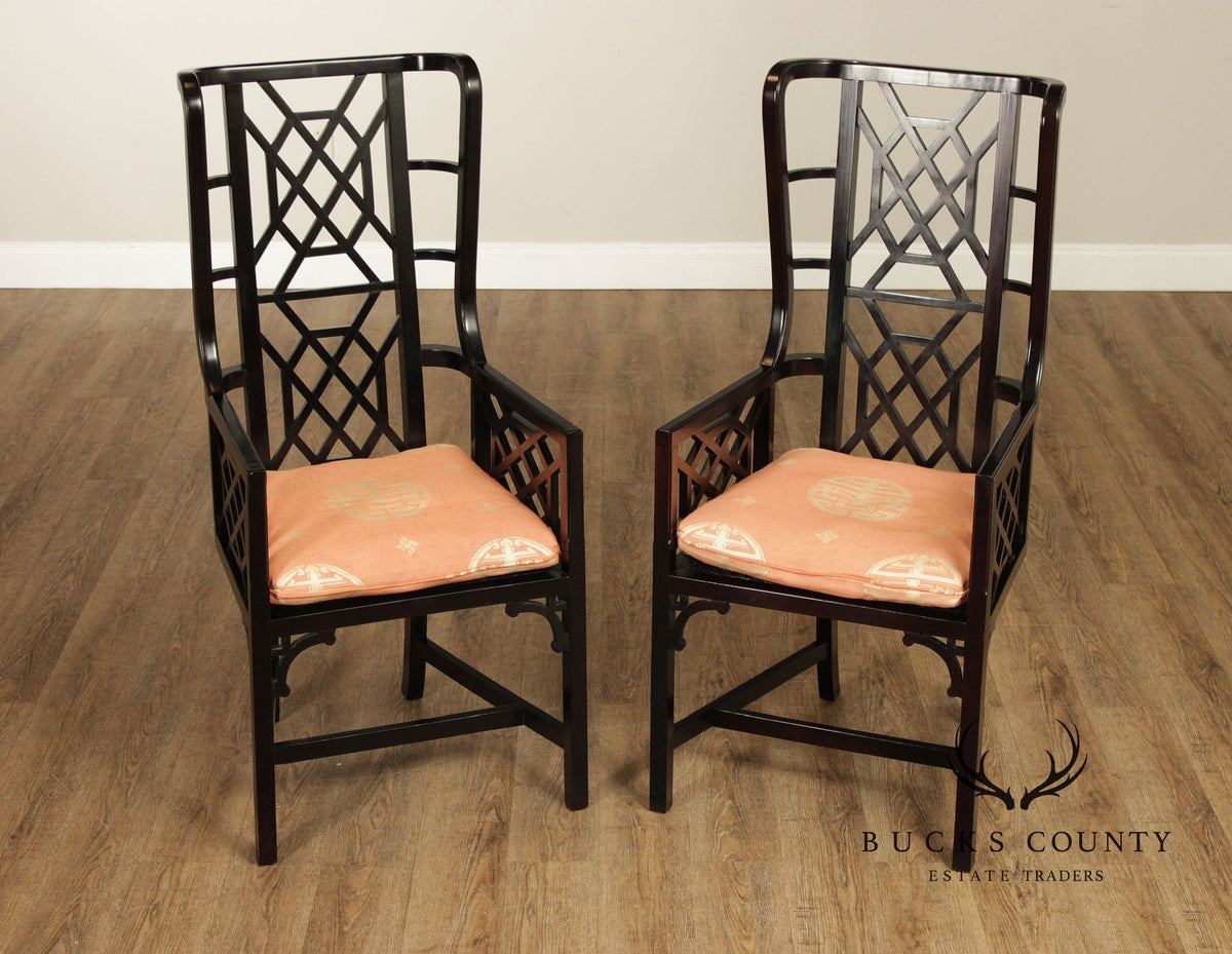 Chinese Chippendale Style Pair of Black Lacquer Armchairs
