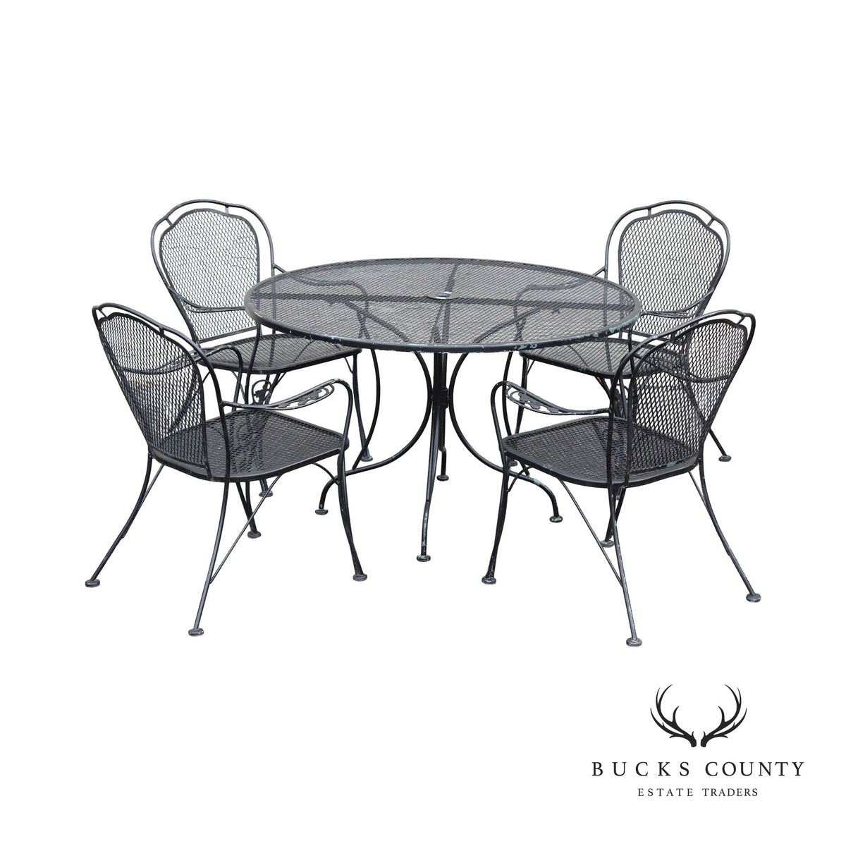 Vintage Wrought Iron Round Patio Dining Table and Dining Chairs Set