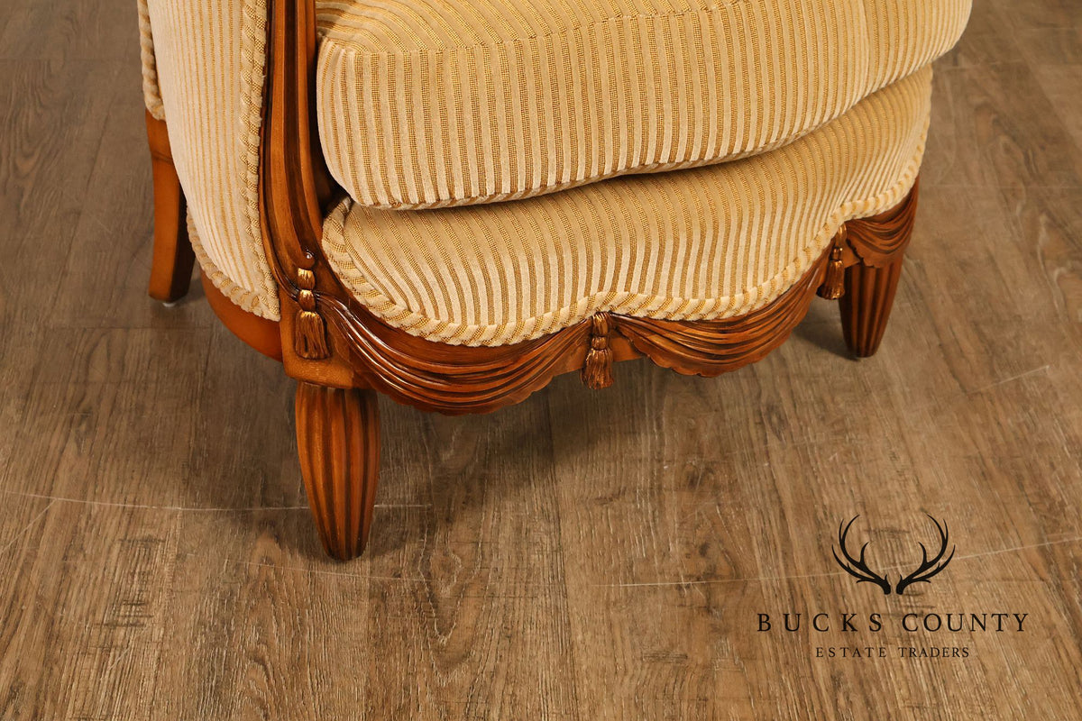 Medea Furniture Pair of  Louis XVI Style Carved Bergere Armchairs With Gold Striped Velvet Upholstery