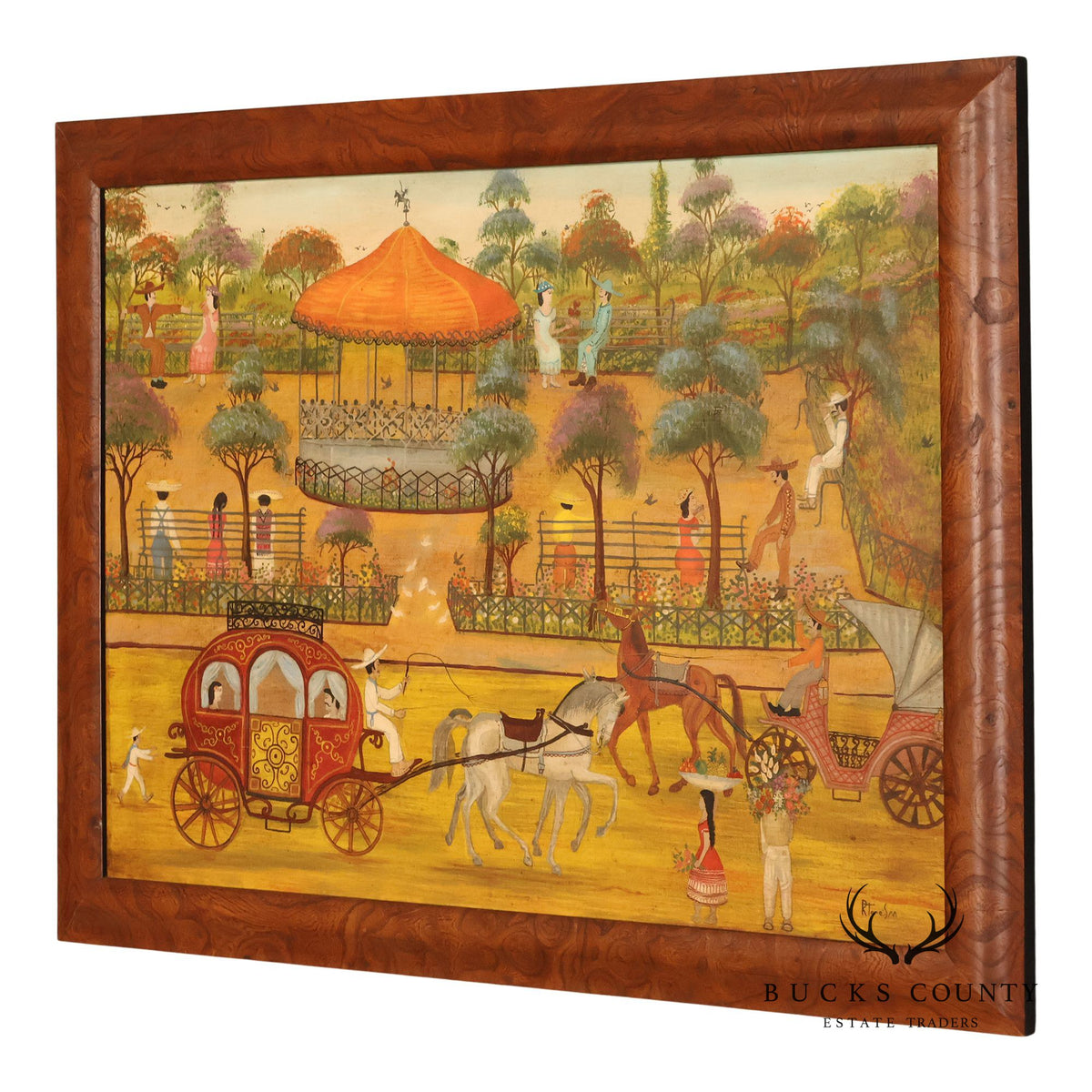 Original Mexican Oil Folk Art Garden And Carriage Scene Painting By R Torres