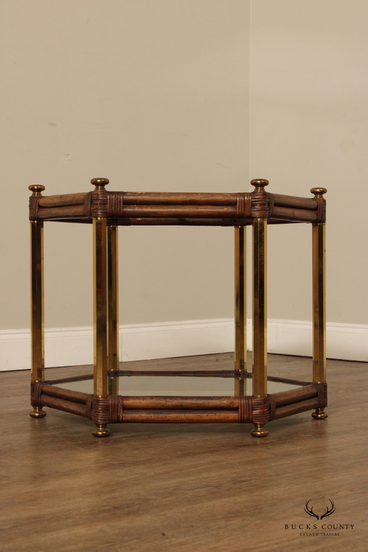 Hollywood Regency Vintage Two-Tier Glass Top Bamboo Side Table