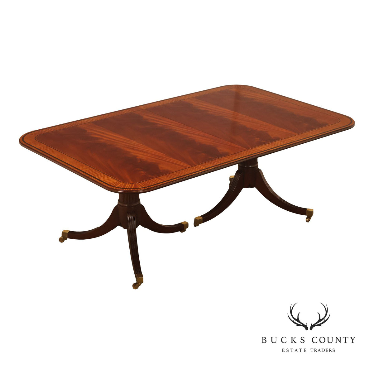 Baker Furniture Mahogany Banded Double Pedestal Extension Dining Table With Three Leaves
