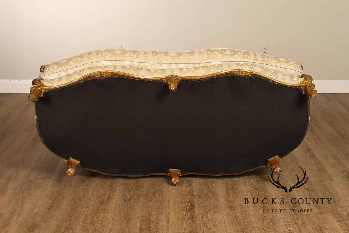 Antique French Louis XV Style Giltwood Upholstered Sofa