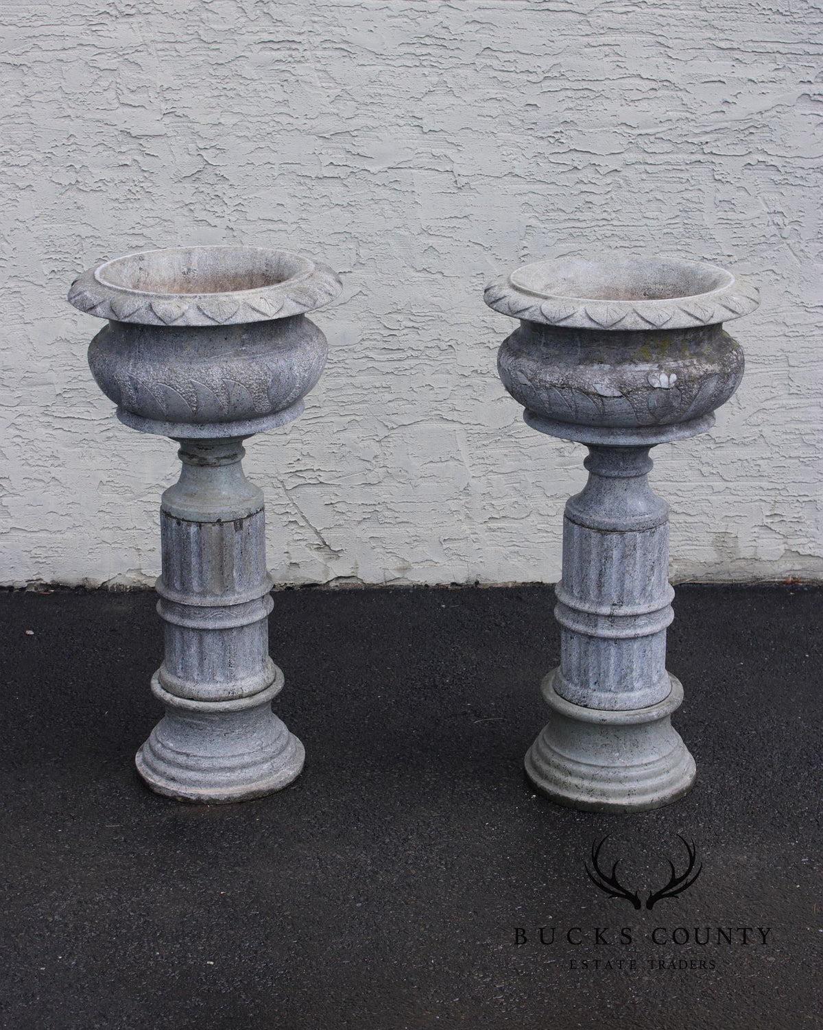 Vintage Pair Of Carved Granite Three-Piece Garden Urns On Pedestals