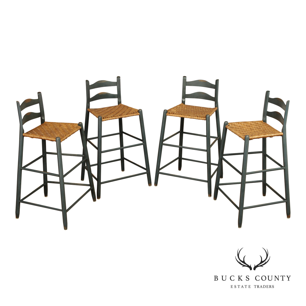 Farmhouse Style Set of Four Rush-Seat Bar Stools