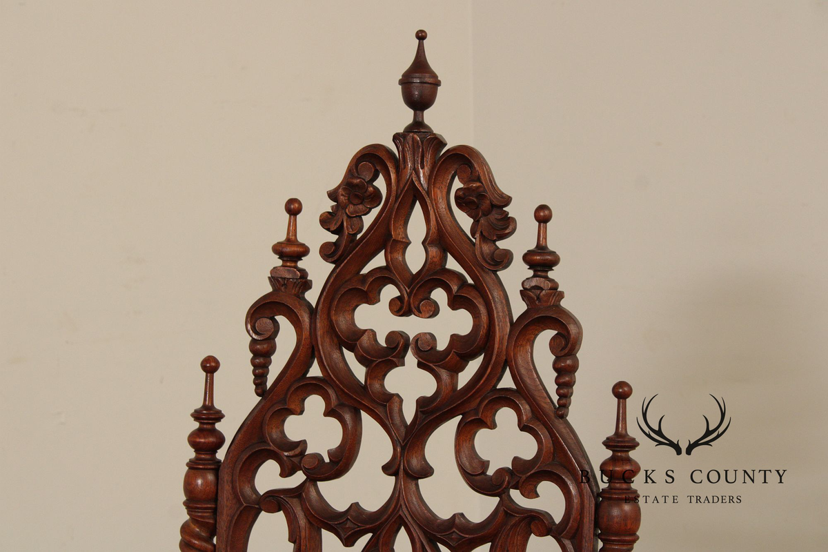 Antique American Gothic Revival Carved Walnut Throne Chair