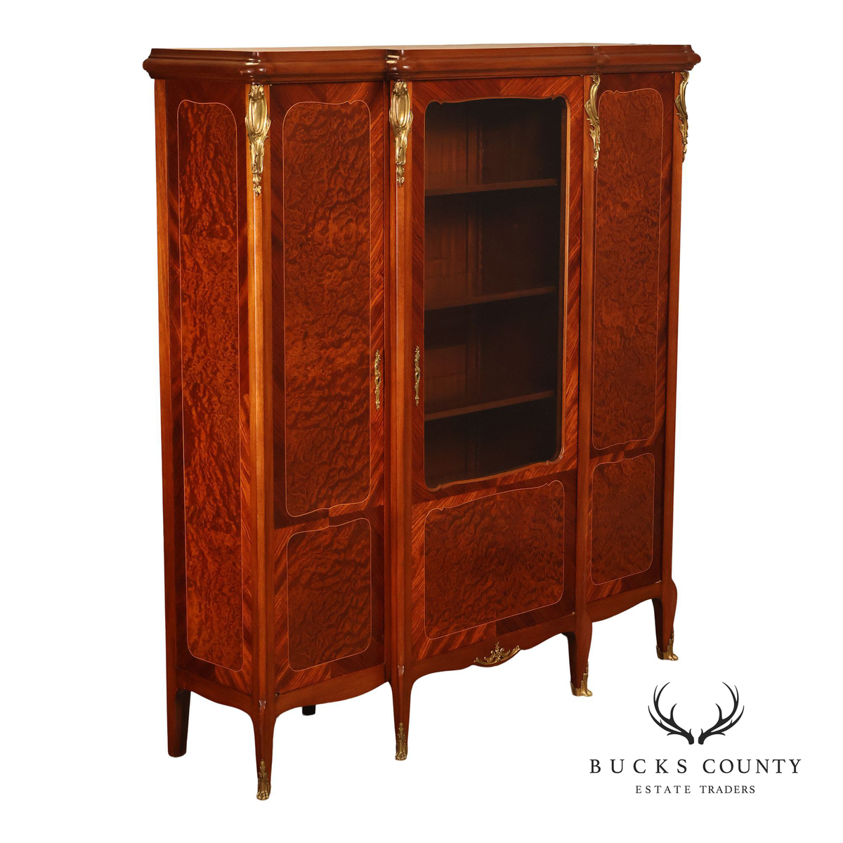 French Louis XV Style Burl Wood Three Door Bookcase Display Cabinet