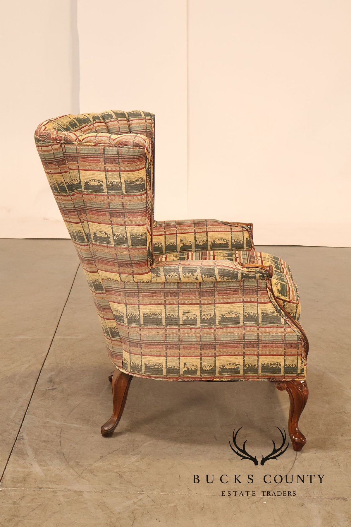 Vintage Channel Back Carved Frame Wingback Armchair