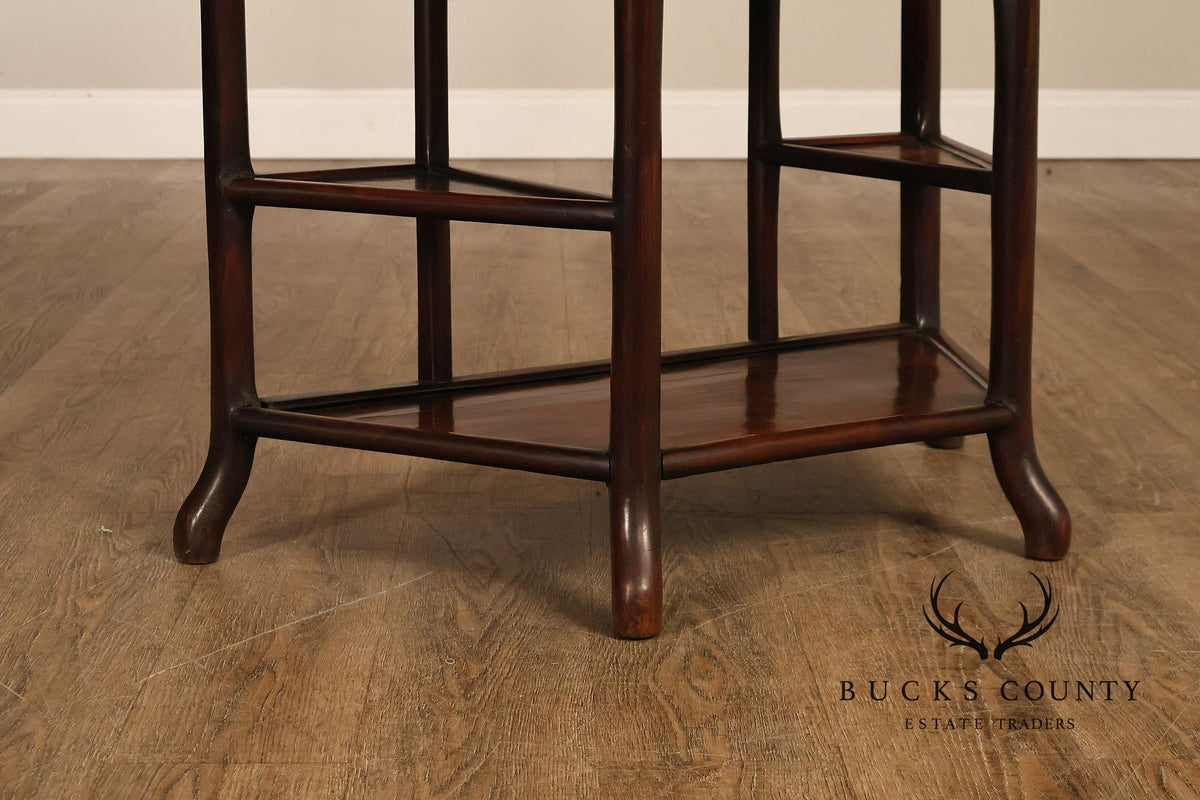 Asian Style Demilune Marble Top Side Table With Tiered Shelves