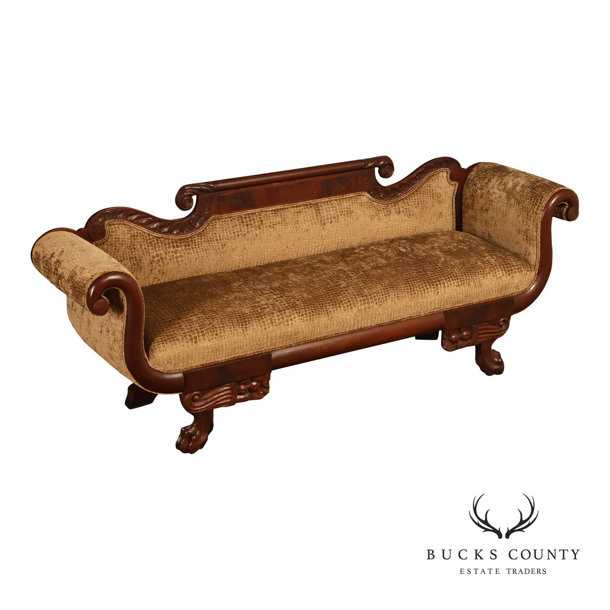 Antique American Classical Empire Style Mahogany Upholstered Sofa