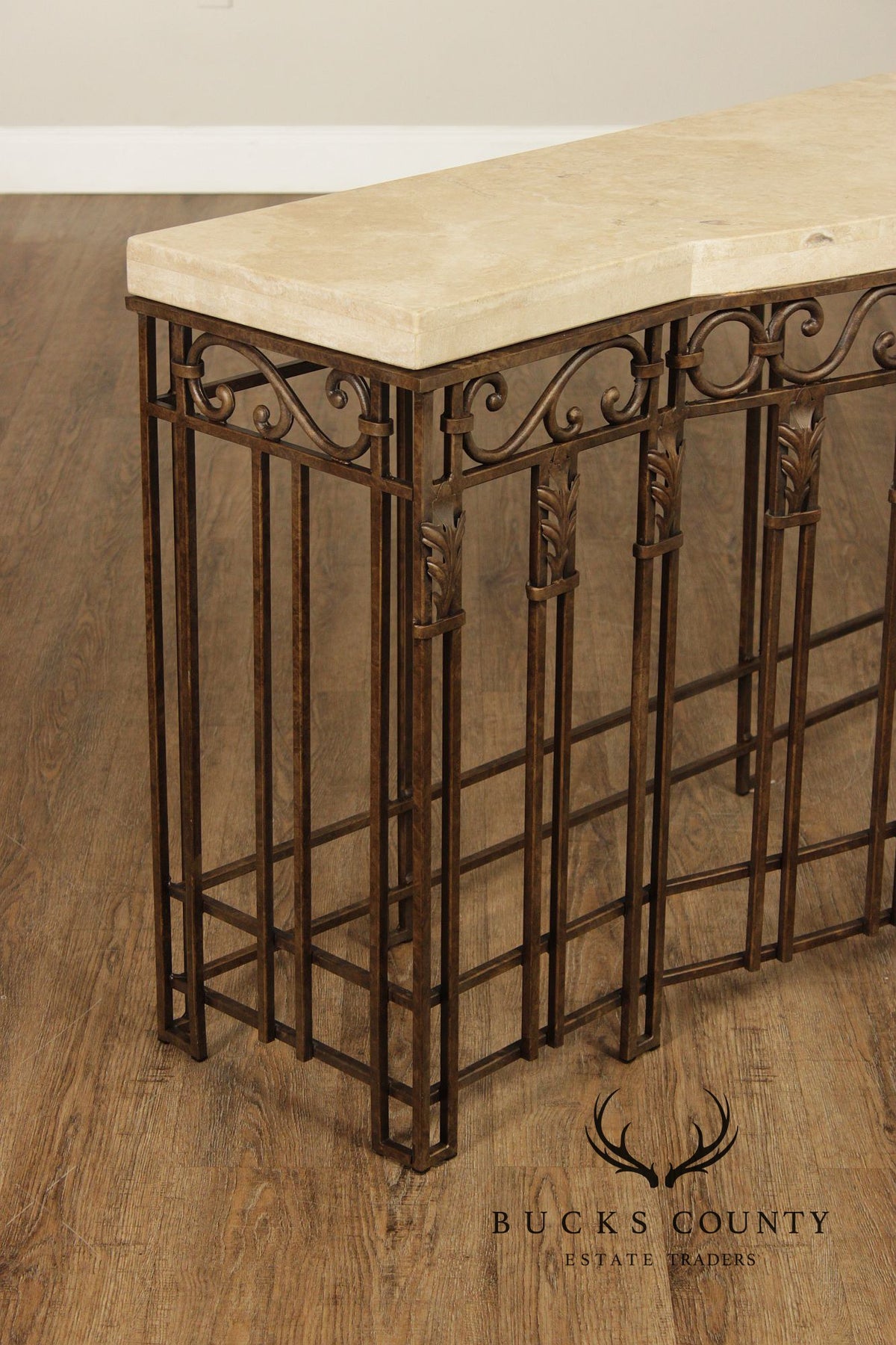 Wrought Iron Travertine Top Long Console Table