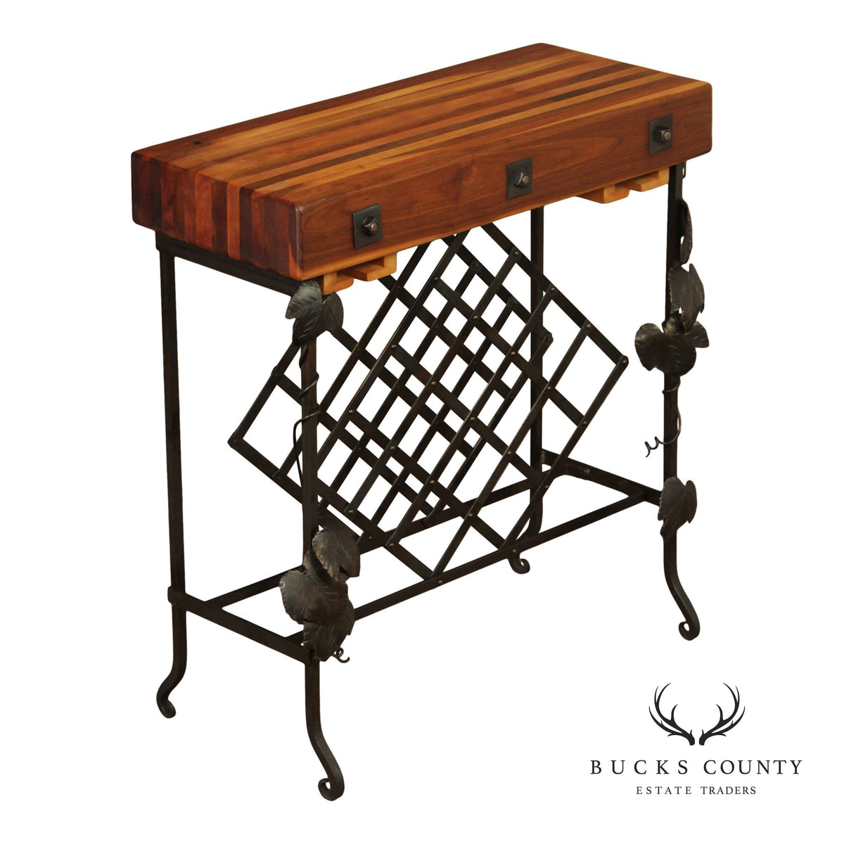 F.B. Farm Shenandoah Valley Butcher Block Iron Base Console Table & Wine Rack