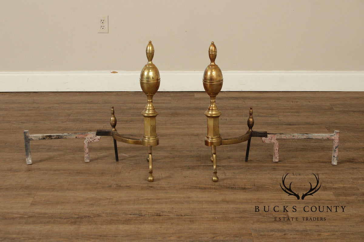 Vintage Federal Style Pair of Brass Andirons