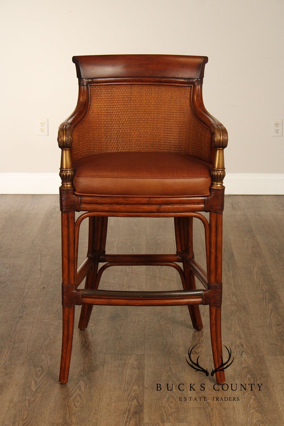 Pair Of Ethan Allen Leather And Rattan Bar Stools