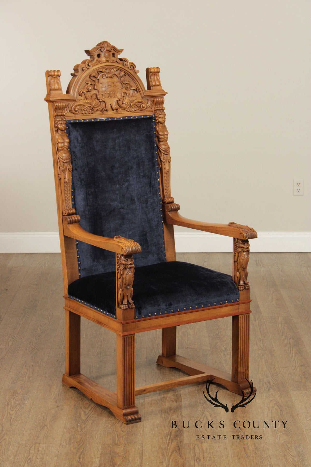 Antique Carved Walnut Renaissance Revival Style Throne Armchair