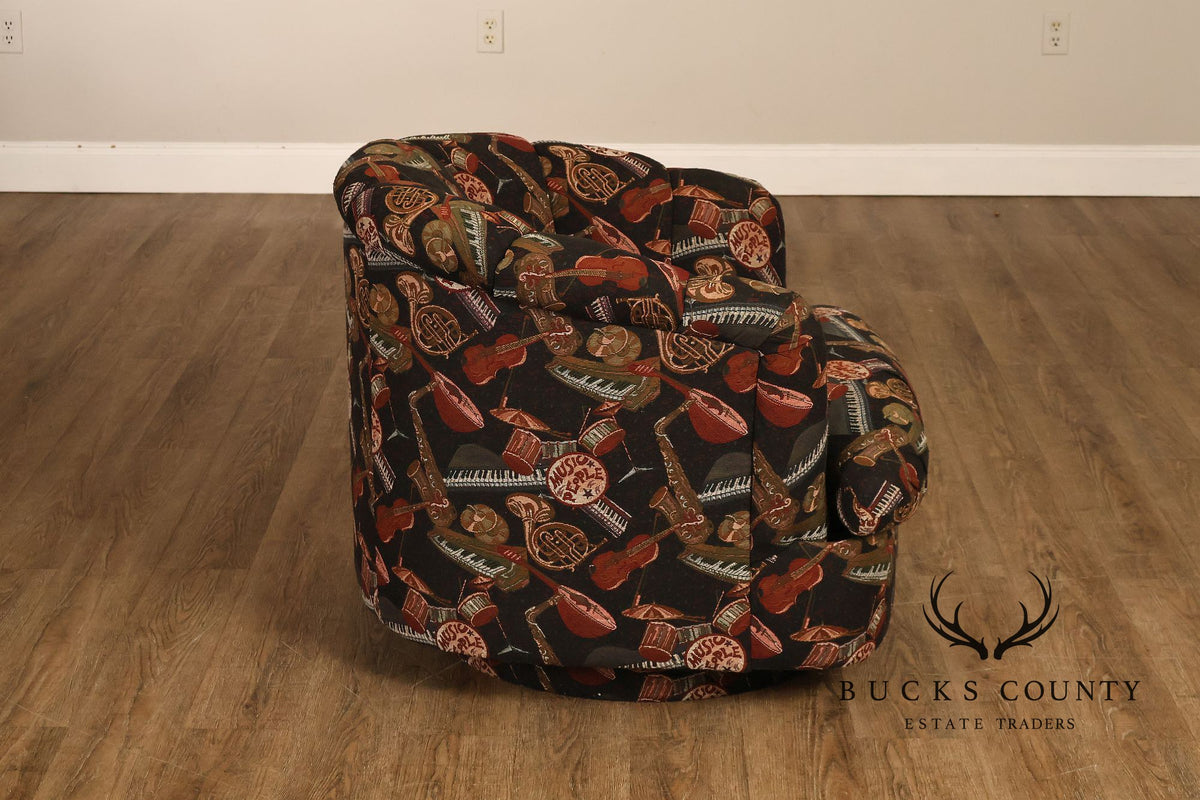 Custom Pair of Upholstered Swivel Club Chairs