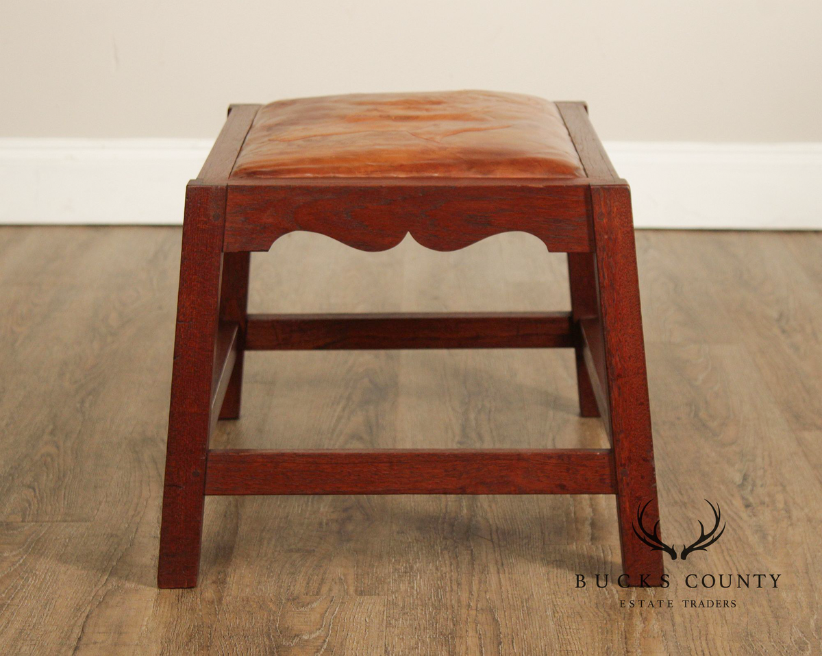 Arts & Crafts Leather Seat Oak Stool