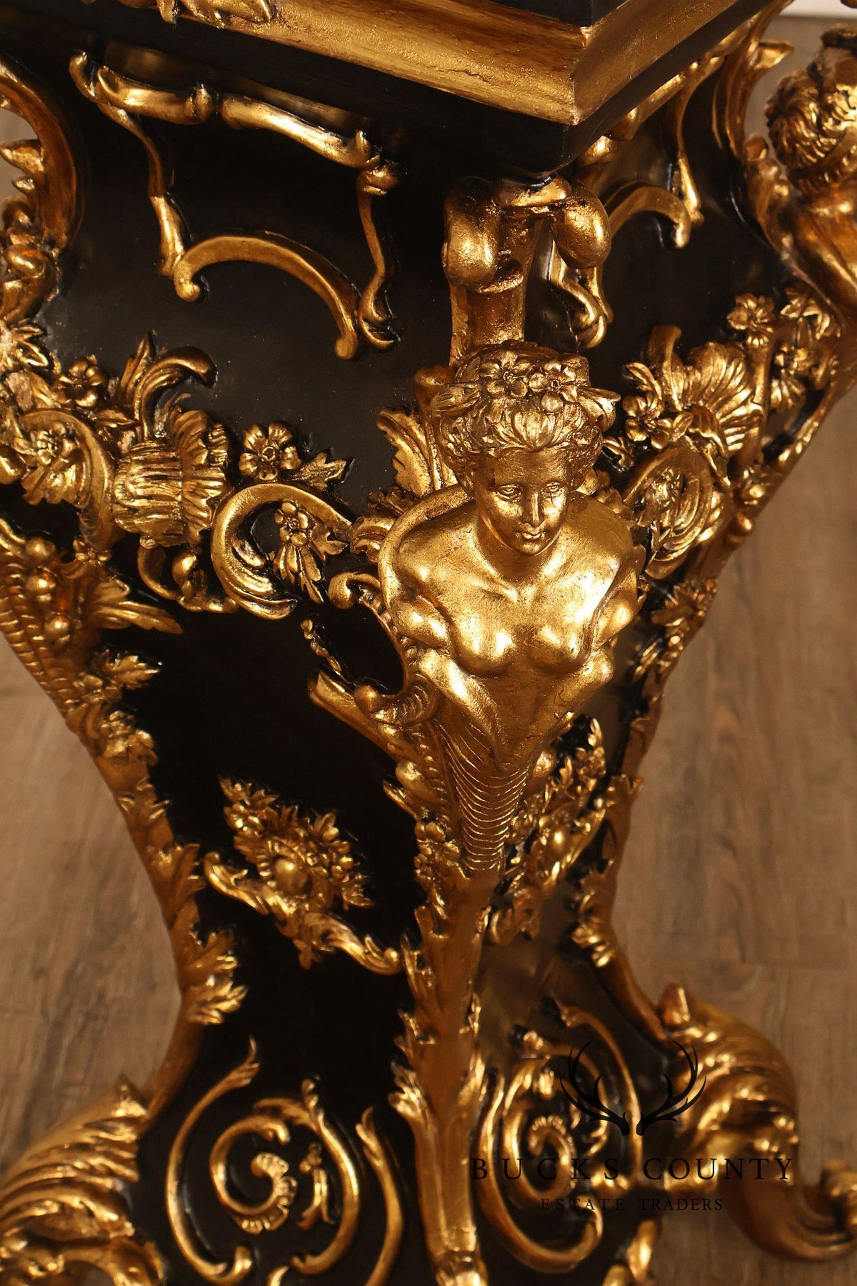 Italian Renaissance Style Pair of Slate Top Figural Carved Pedestals