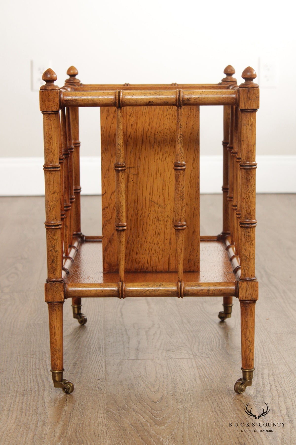 Vintage Walnut Faux Bamboo Canterbury Magazine Rack