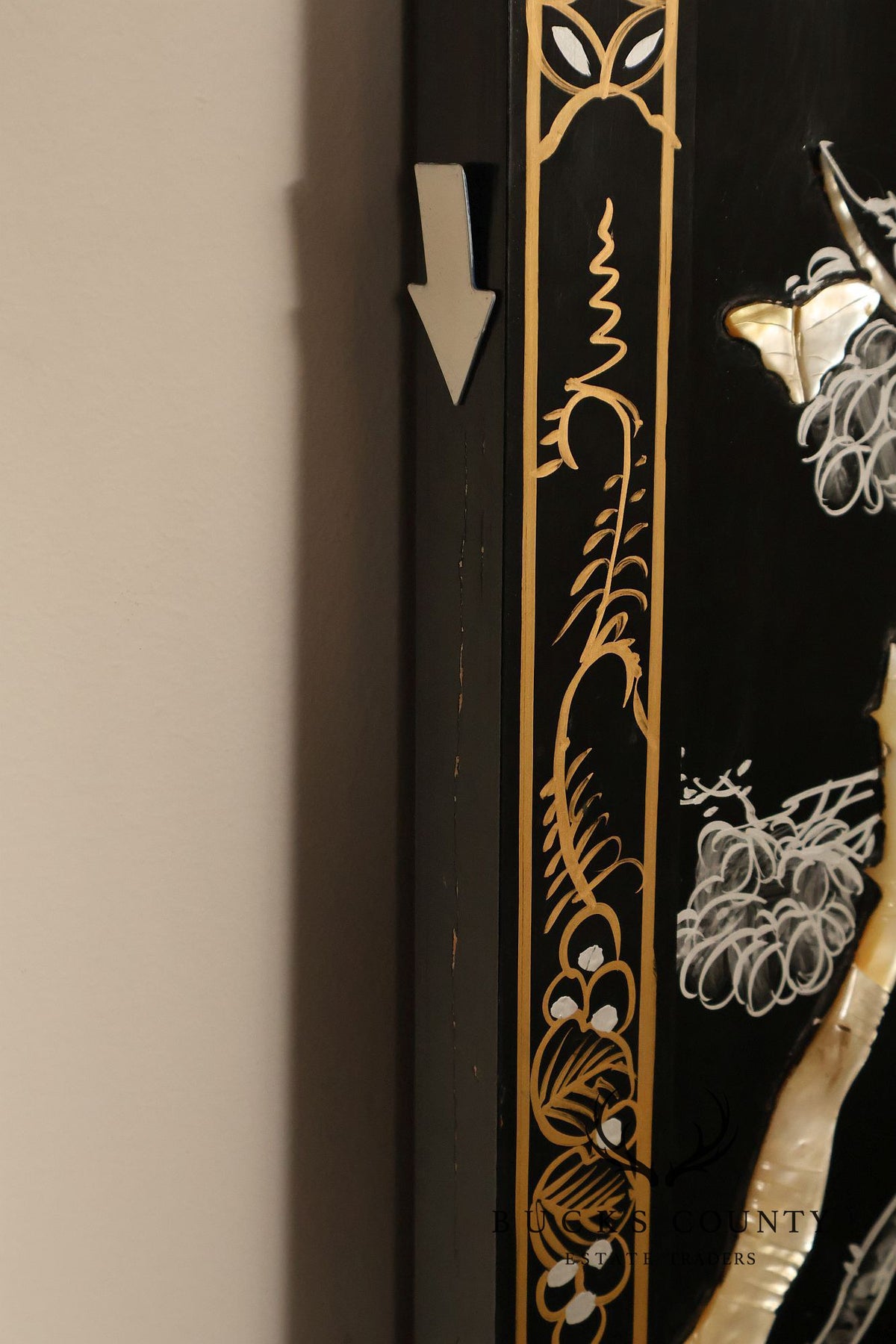 Asian Black Lacquer Vintage Pair Of Four Panel Folding Screens With Mother Of Pearl Inlay