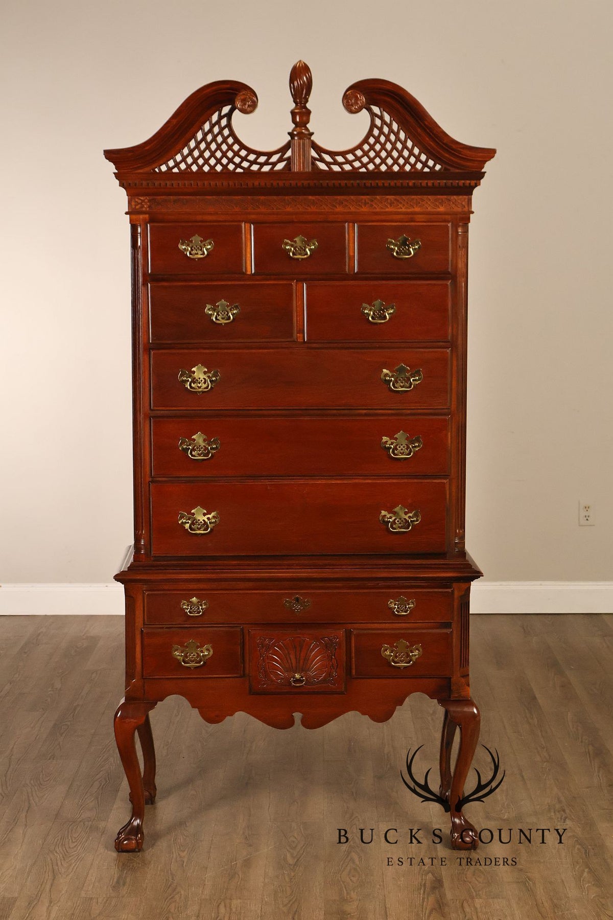 American Drew Traditional Chippendale Style Mahogany Highboy Chest on Chest Tall Dresser