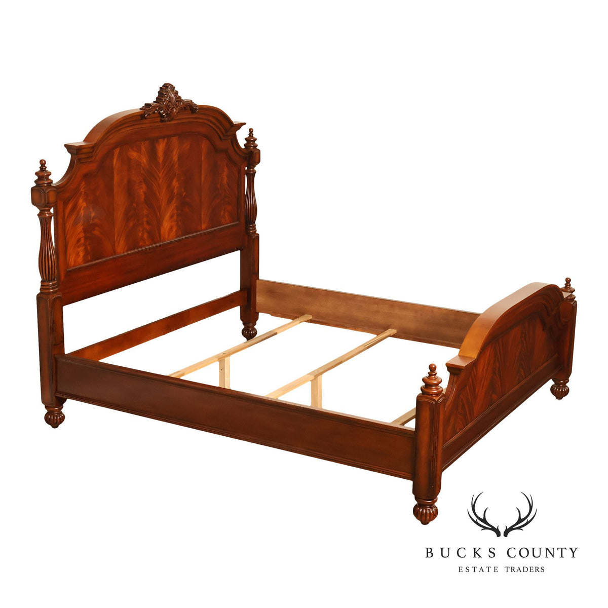 King Size Mahogany Flame Veneer Carved Bed Frame