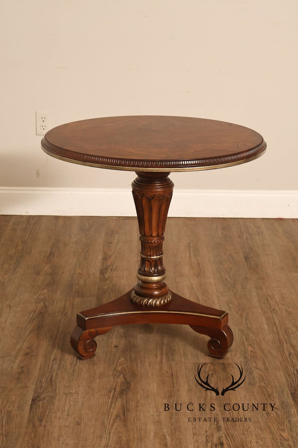 Drexel Heritage Round Burl Wood Veneer Pedestal Accent Table