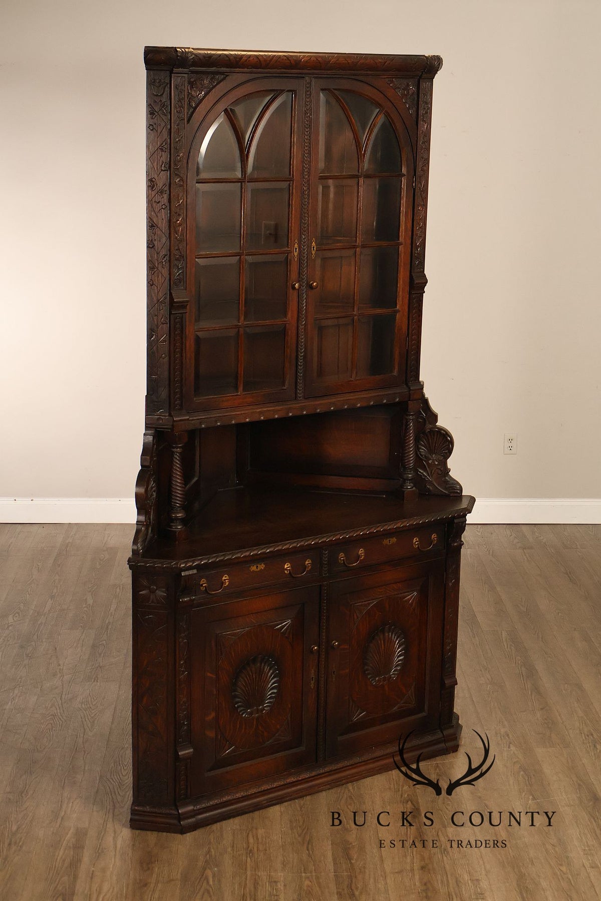 Antique RJ Horner Style Victorian Carved Oak Corner Cabinet