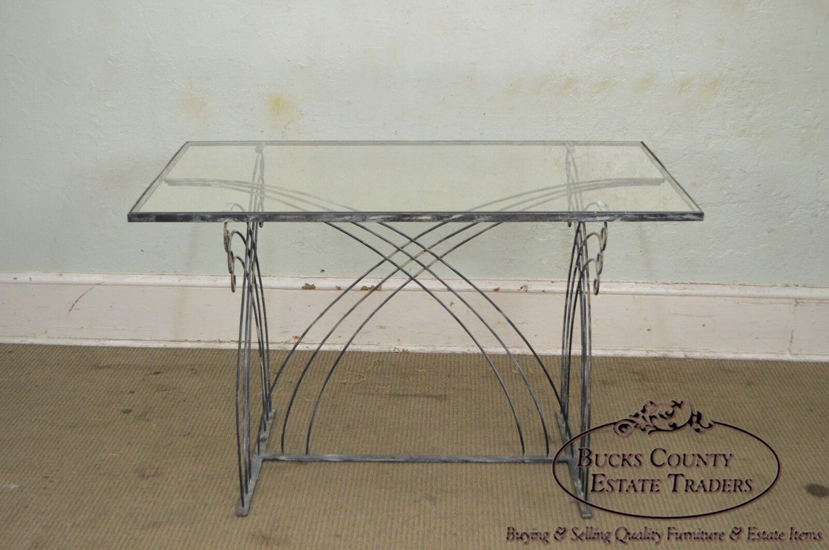 Art Deco Vintage Studio Wrought Iron Glass Top Patio Console Table
