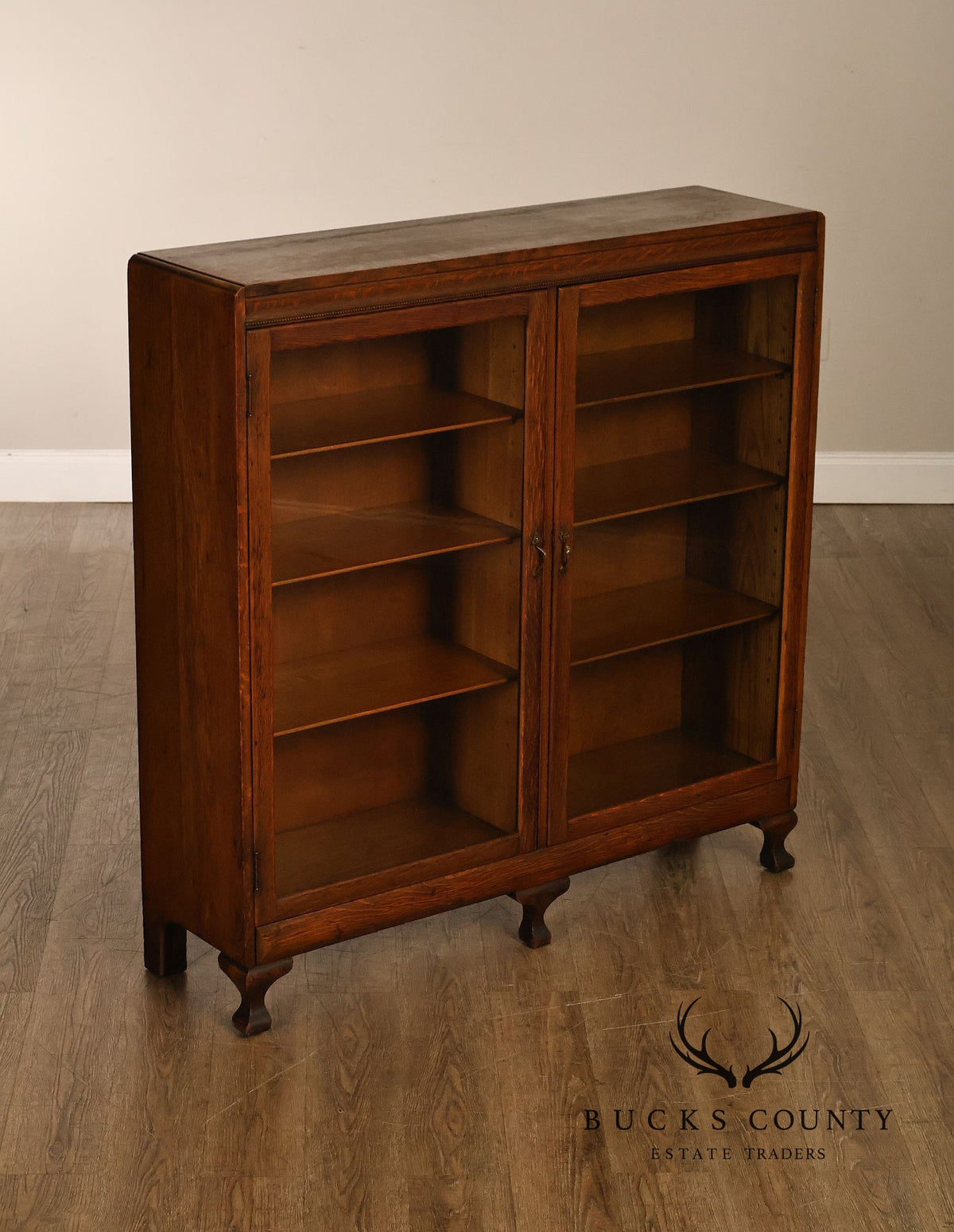 Antique Oak Two Door Glass Front Bookcase