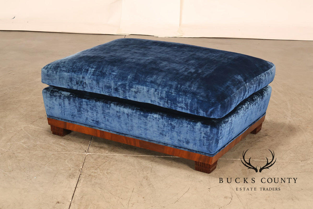 Art Deco Style Large Custom Blue Velvet and Mahogany Ottoman