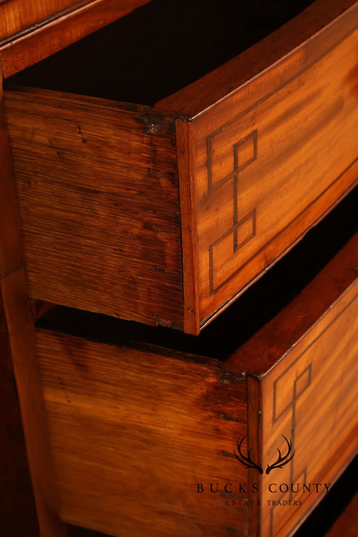 Antique English Sheraton Style Inlaid Bow Front Chest Of Drawers
