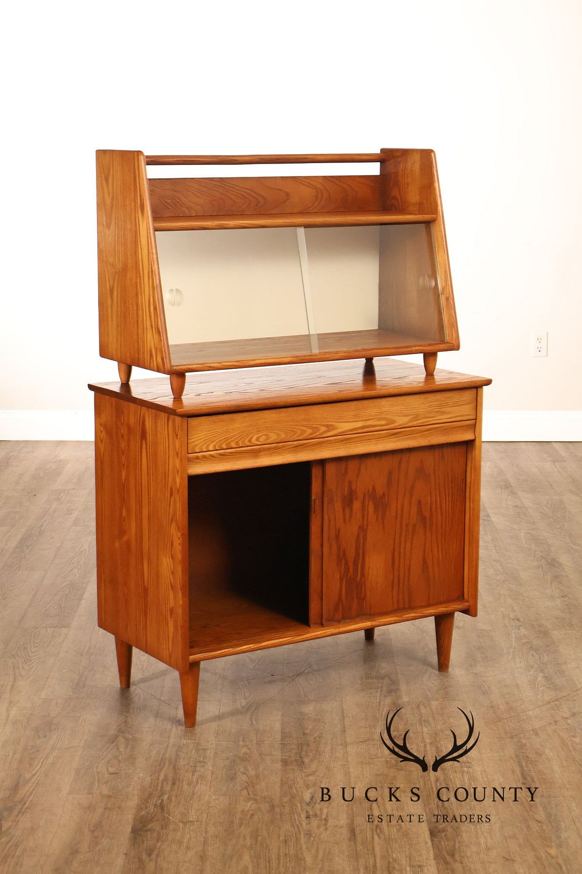 Mid Century Modern Two-Piece Oak and Glass China Cabinet