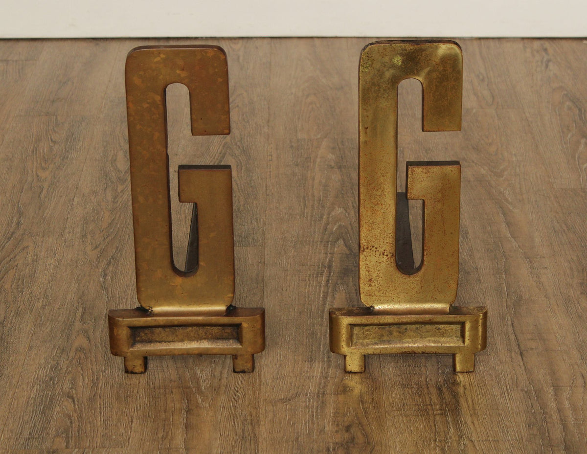 Pair Of Vintage Brass And Iron Monogram "G" Andirons