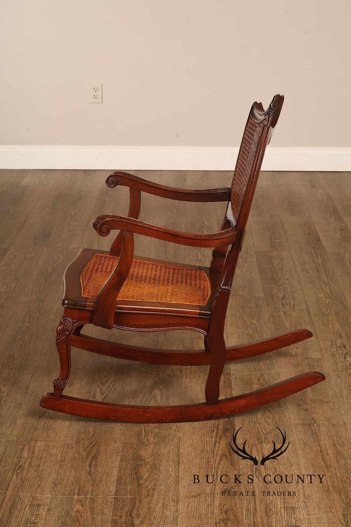 Antique Victorian Shell Carved Mahogany Caned Rocking Chair
