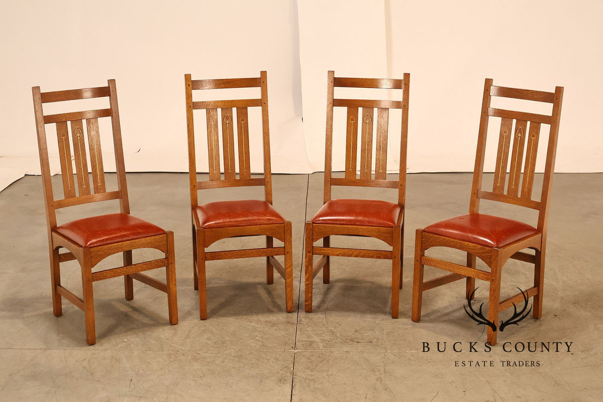 Stickley Harvey Ellis Set of Four Inlaid Oak and Leather Dining Chairs