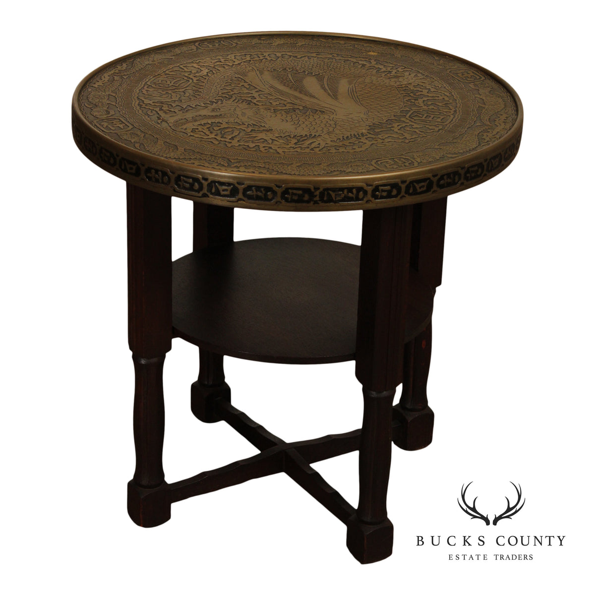 Chinese Style Bronze Top And Wood Base Accent Table With Dragon Motif