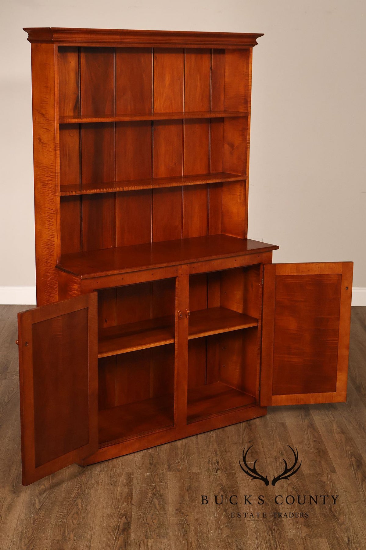 Tiger Maple Custom Step Back Hutch With Upper Open Shelving