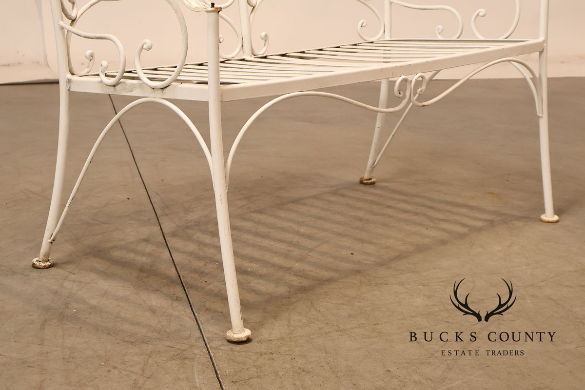 Woodard Vintage White Painted Wrought Iron Garden Bench With Scrollwork Back