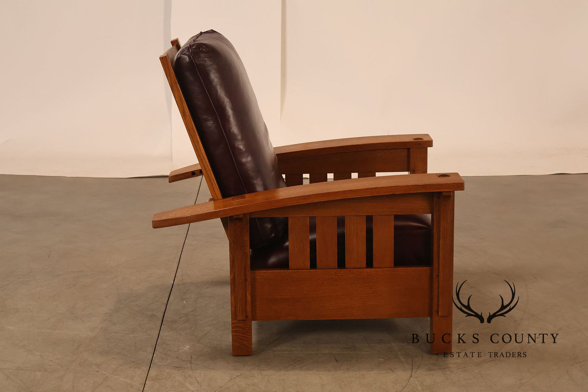 Stickley Mission Collection Pair Of Oak & Leather Bow Arm Morris Chairs