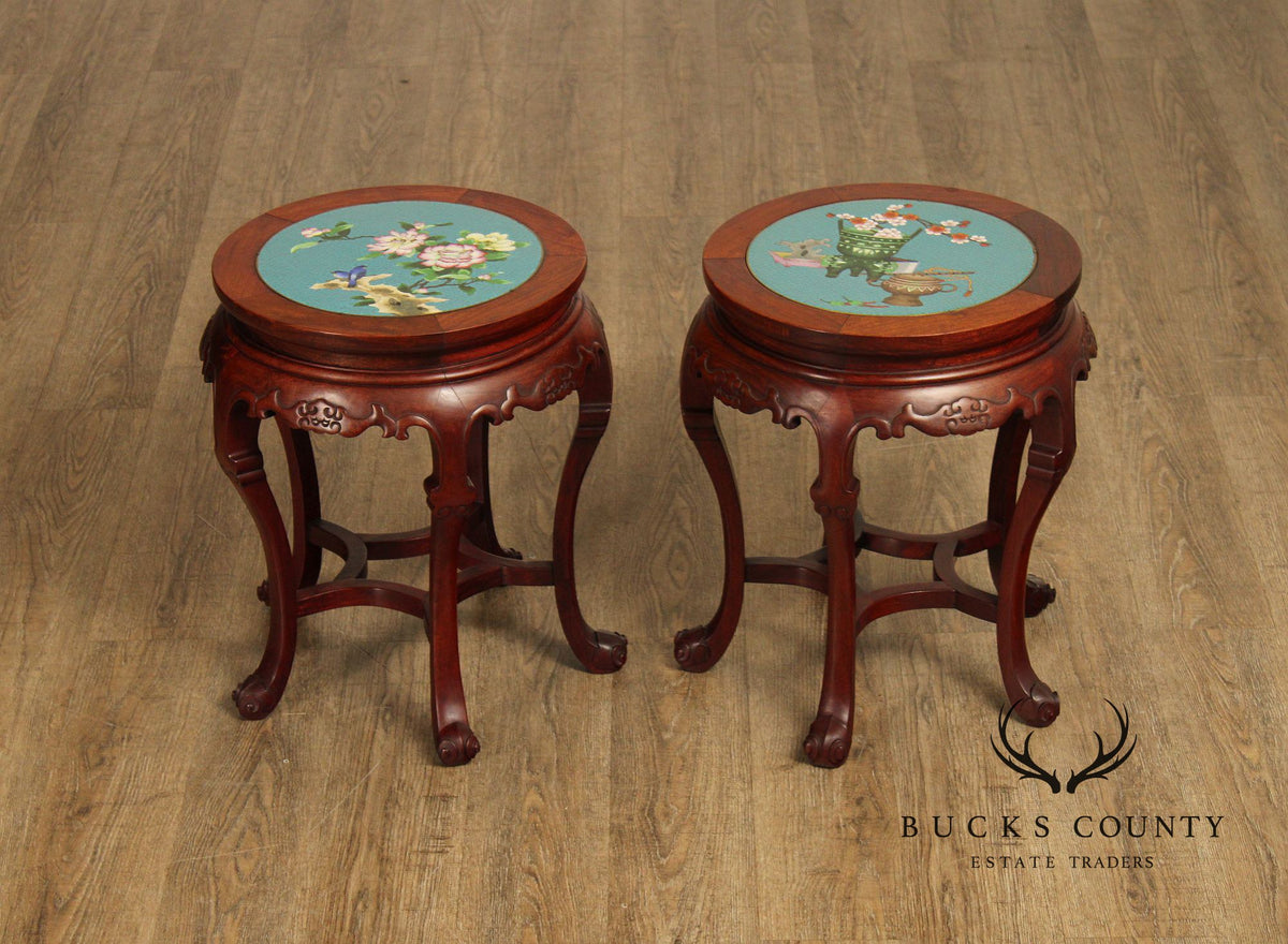 Pair of Chinese Style Cloisonné Inset Top Hardwood Accent Tables