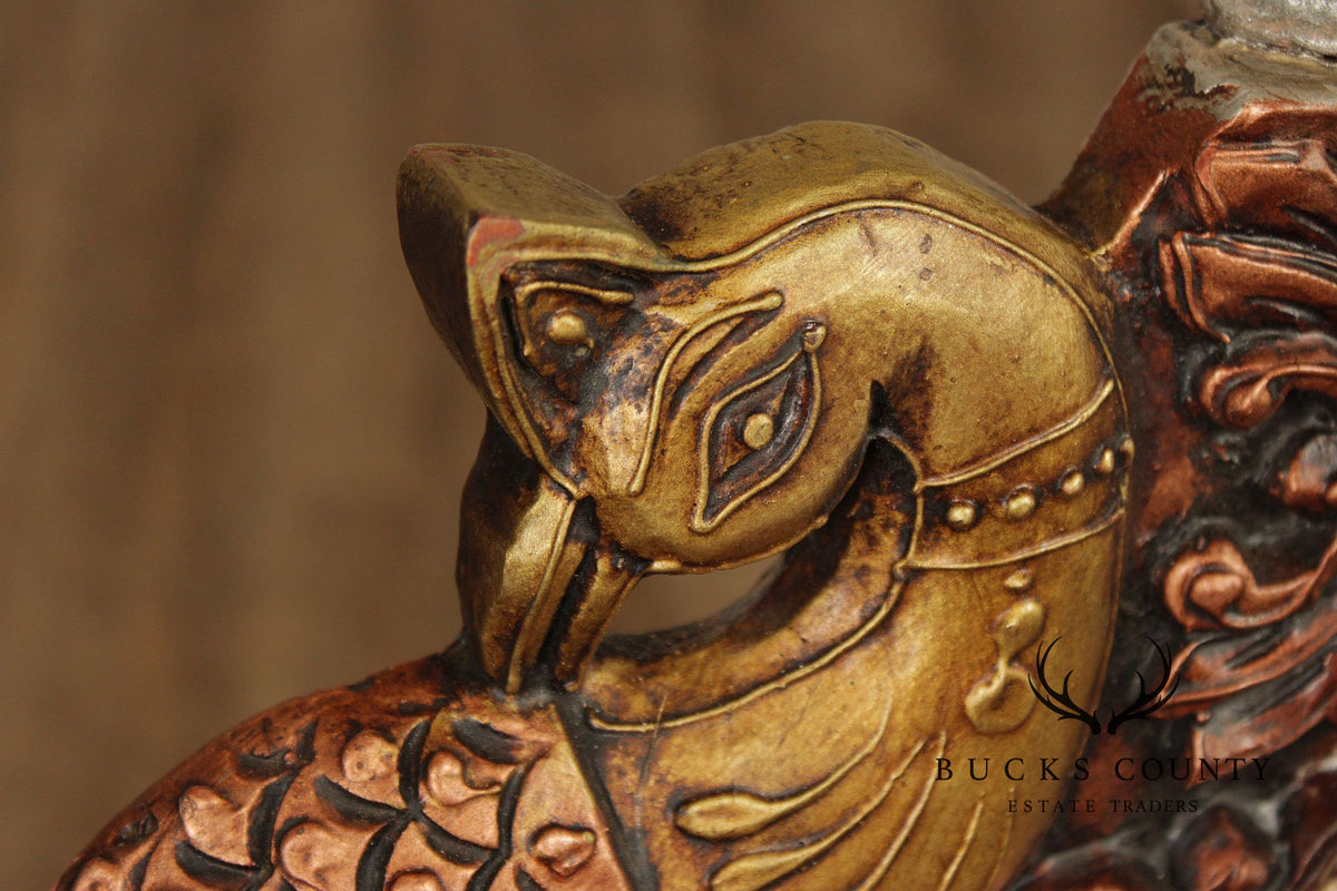 Hand Carved Painted And Gilt Lion And Peacock Motif Pair Of Throne Chairs