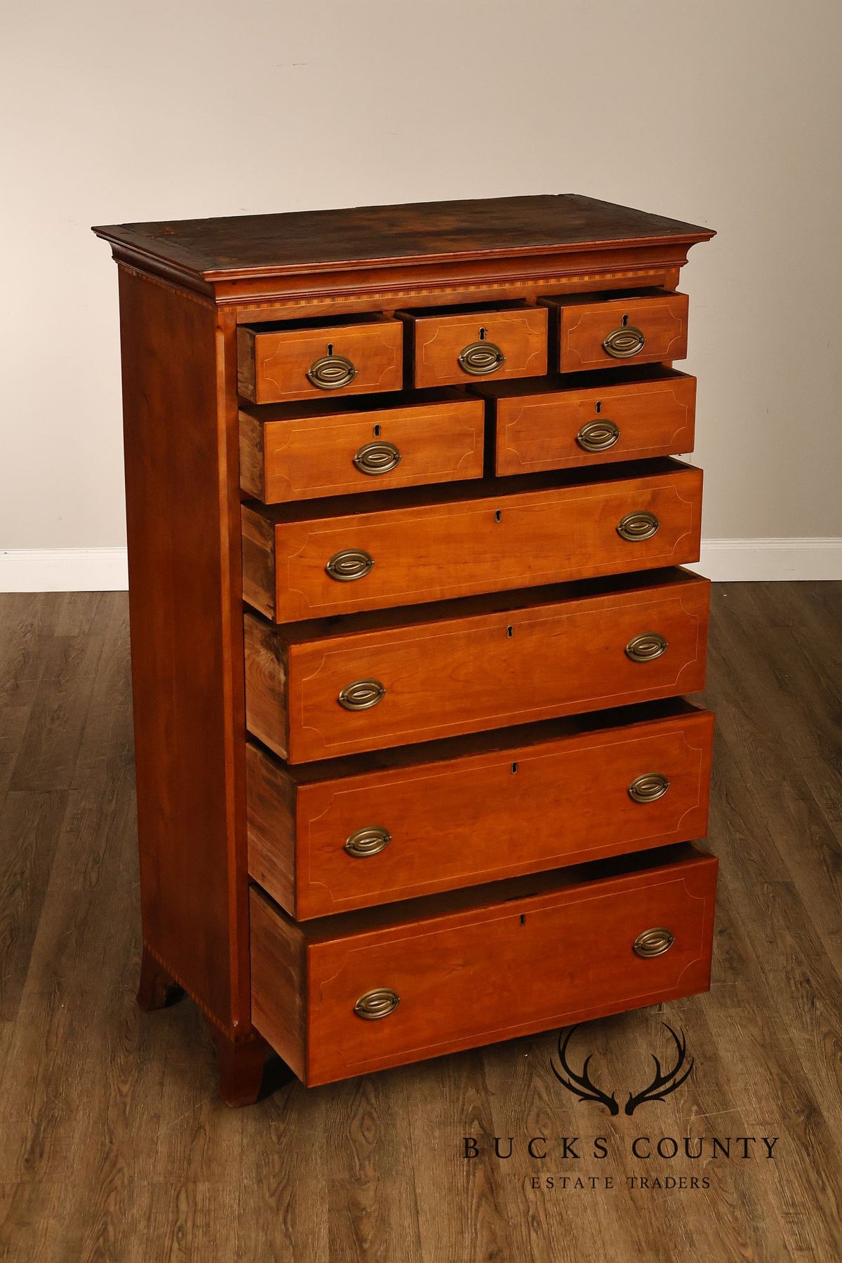 Antique Hepplewhite Inlaid Cherry Tall Dresser