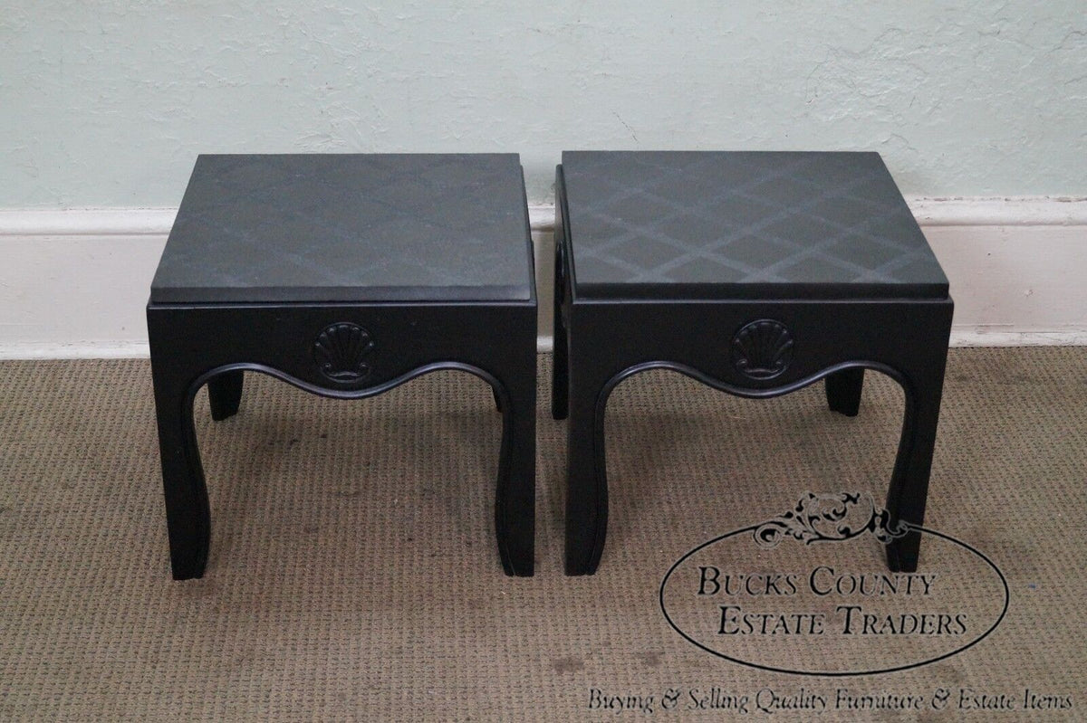 Mid Century Pair of Ebonized Black Low Slate Top Side Tables