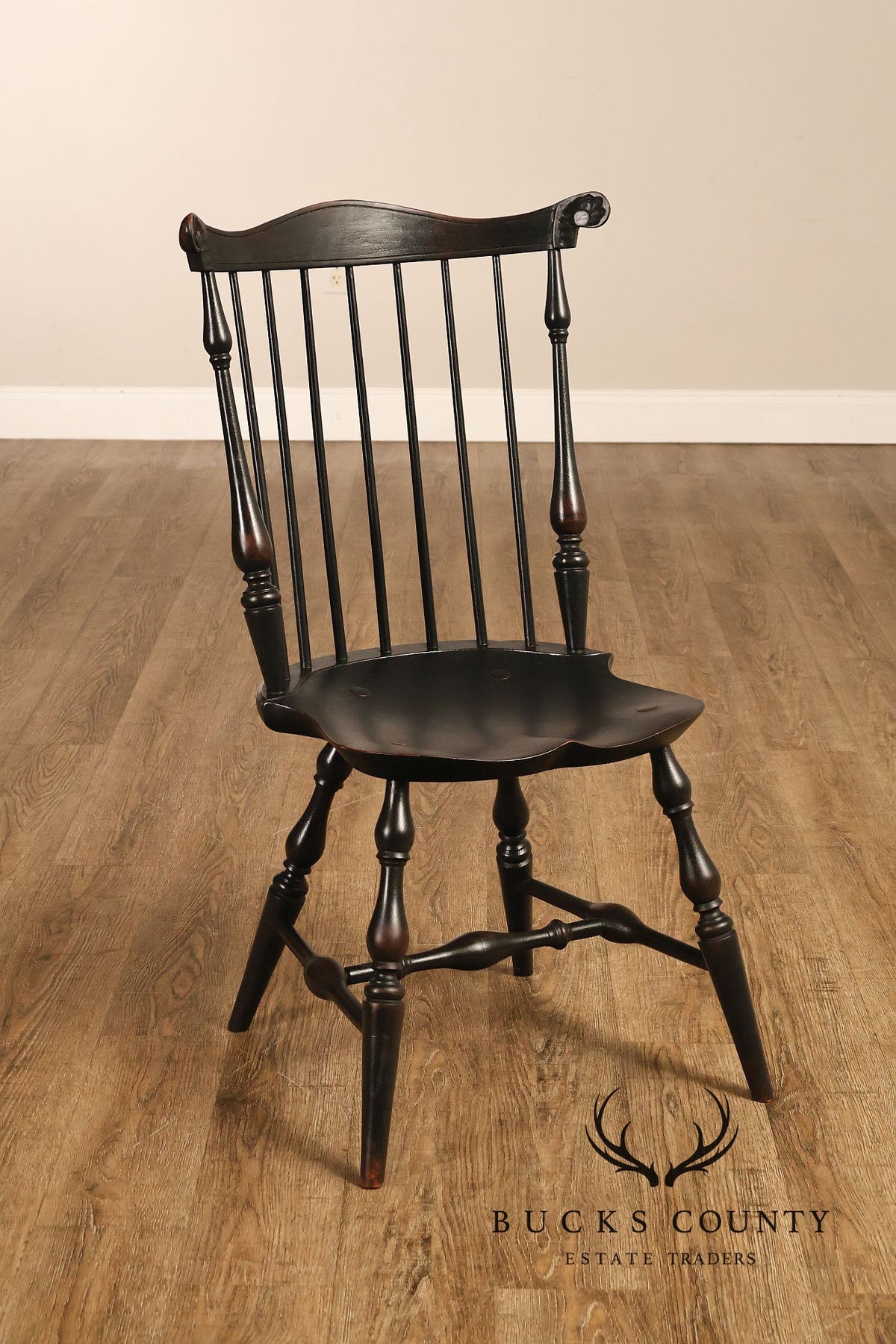 Custom Set Of Four Black Over Red Painted Fan Back Windsor Dining Chairs