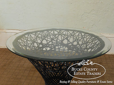 Russell Woodard Vintage Spun Fiberglass Patio Side Table w/ Round Glass Top