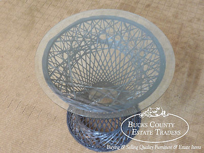 Russell Woodard Vintage Spun Fiberglass Patio Side Table w/ Round Glass Top